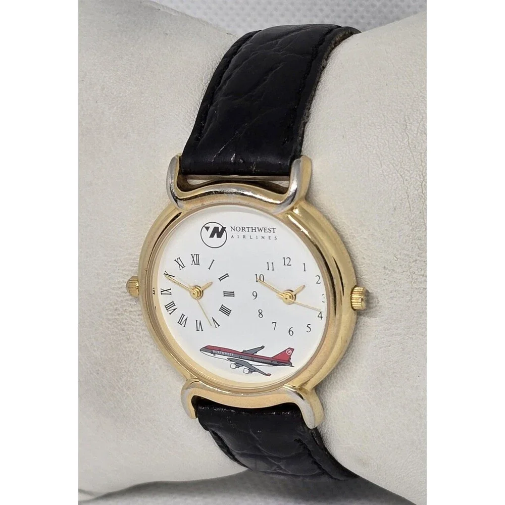 Unisex Northwest Airlines Dual Time Zone Gold Tone Black Leather Strap Watch 13